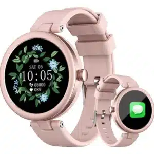 A shot of the pink Doogee Venus Smartwatch worn on a wrist, displaying its vibrant screen and elegant, feminine design.