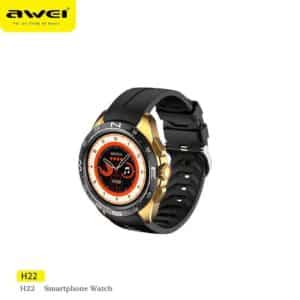 Smartwatch Awei H22 me dizajn rrumbullak, ekran IPS 1.39 inc, kornize ngjyre ari dhe rrip silikoni te zi