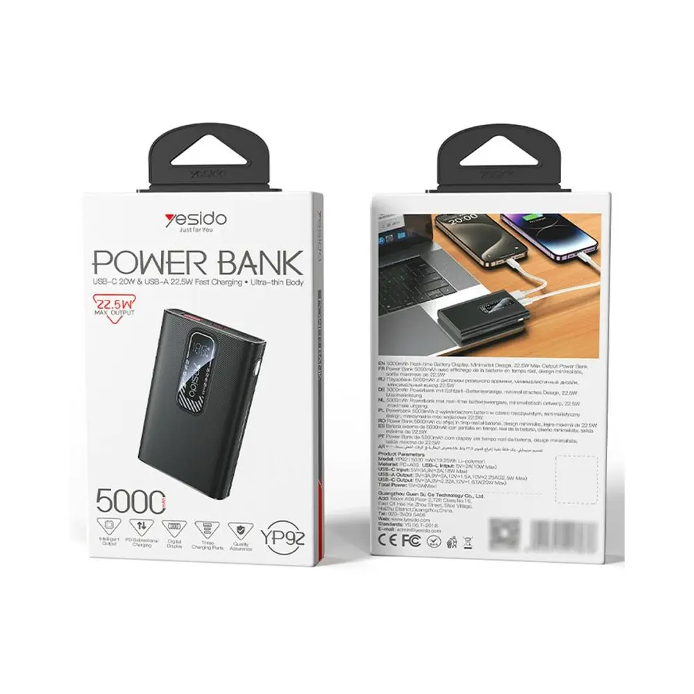 shkodrastore Power Bank YESIDO YP92 5000mAh 22.5W ultra i hollë – I zi - Image 2